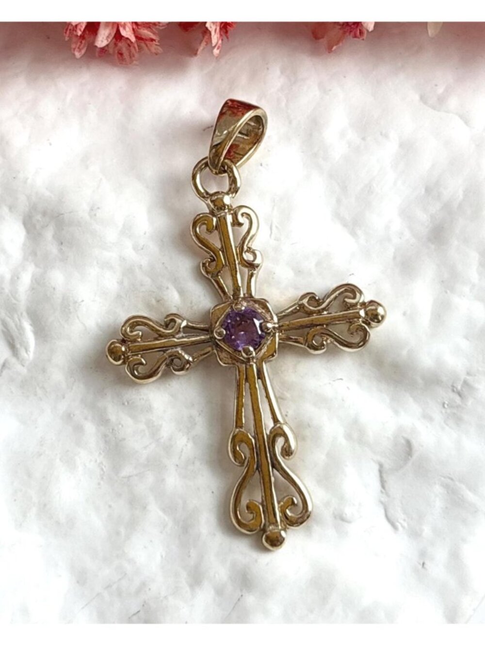 Cross Shaped Vermeil Amethyst Gemstone Sterling Silver 925 Vintage Pendant